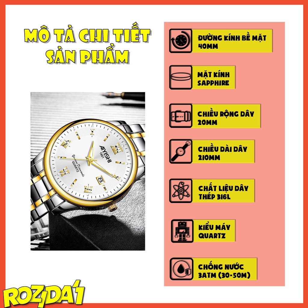 Đồng hồ nam chính hãng dây thép đẹp giá rẻ thời trang cao cấp chống nước Rozida'1 DH19 | BigBuy360 - bigbuy360.vn