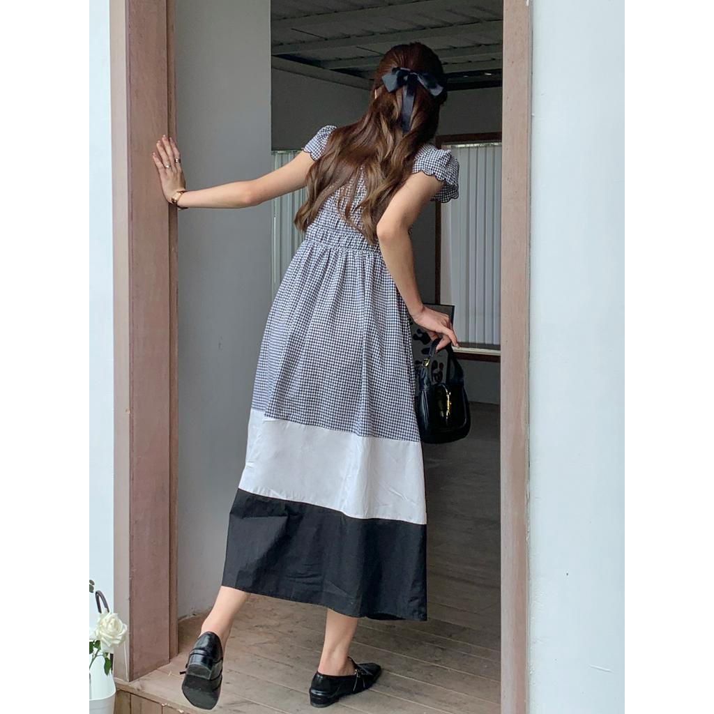 Đầm Sọc Ca Rô Ngắn Tay Phối Màu Tương Phản Thời Trang Mùa Hè Mới 63307