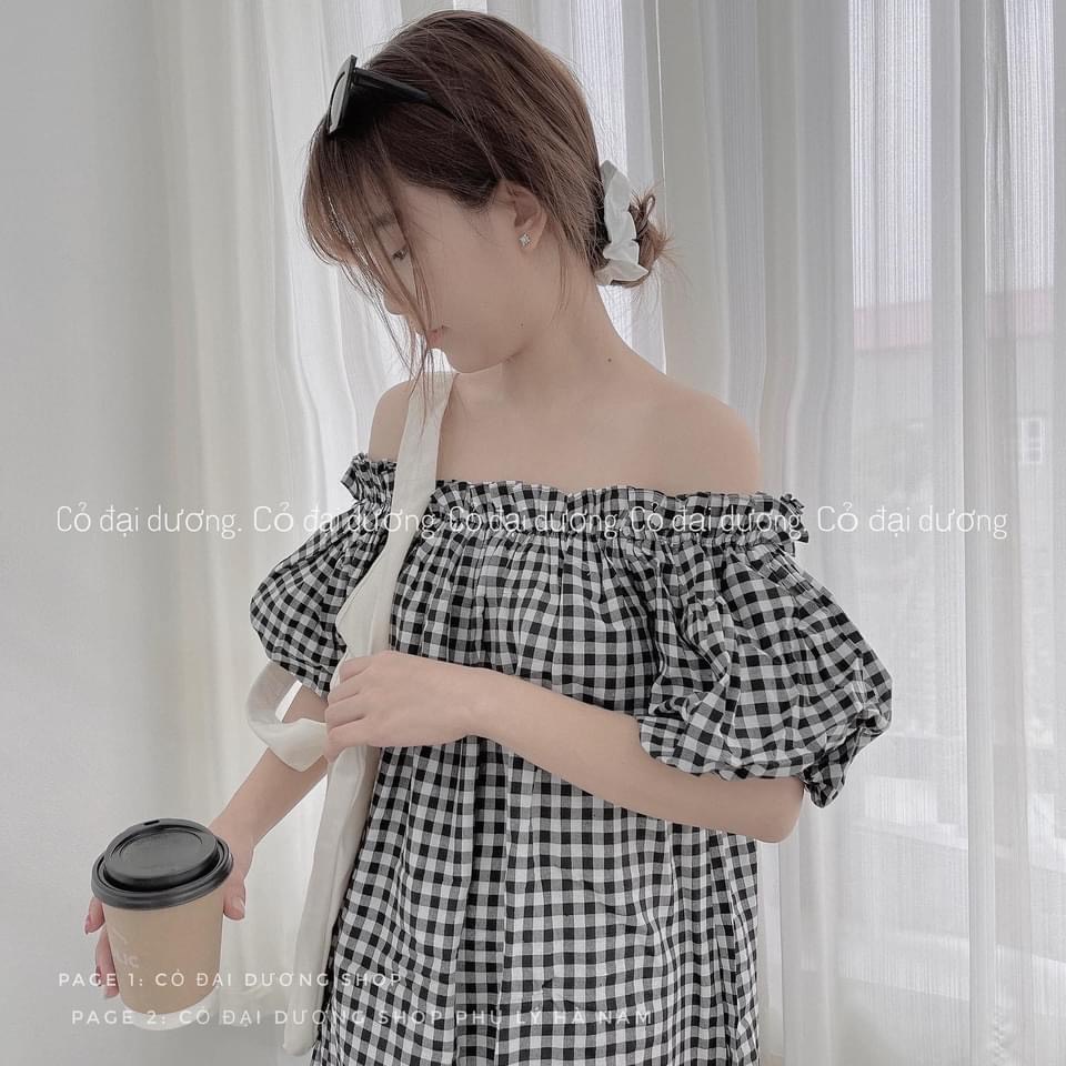 Váy nữ kẻ suông dáng dài Vintage - Đầm xuông dáng dài trễ vai Ngọc Uyên Store