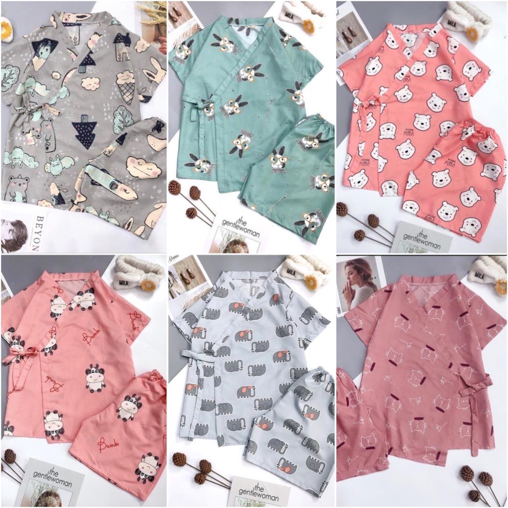 Bộ kimono cộc tay nhiều họa tiết nữ, set đồ ngủ pijama quần short kèm áo thun ngắn buộc dây kate đẹp Ulzzang *