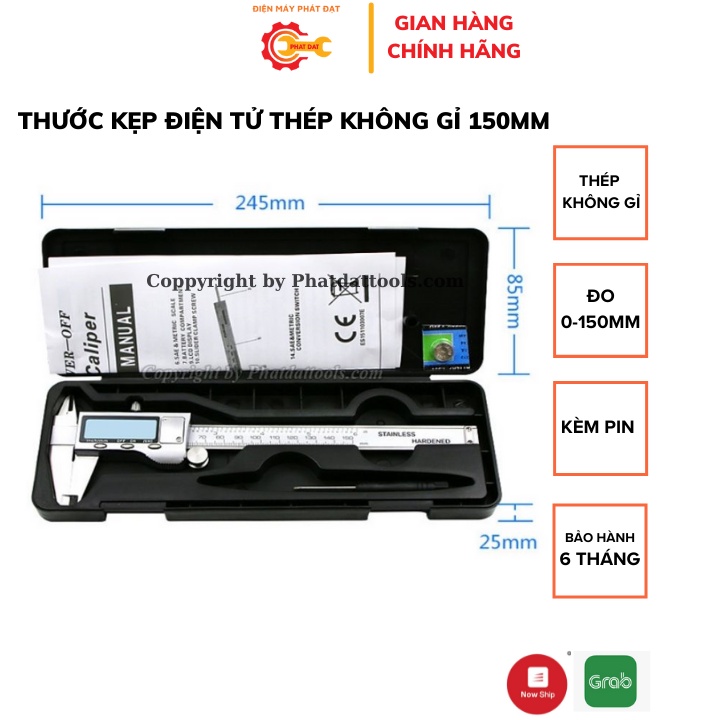 Thước kẹp điện tử 150mm thép không gỉ-Kèm pin sơ cua-Thước cặp