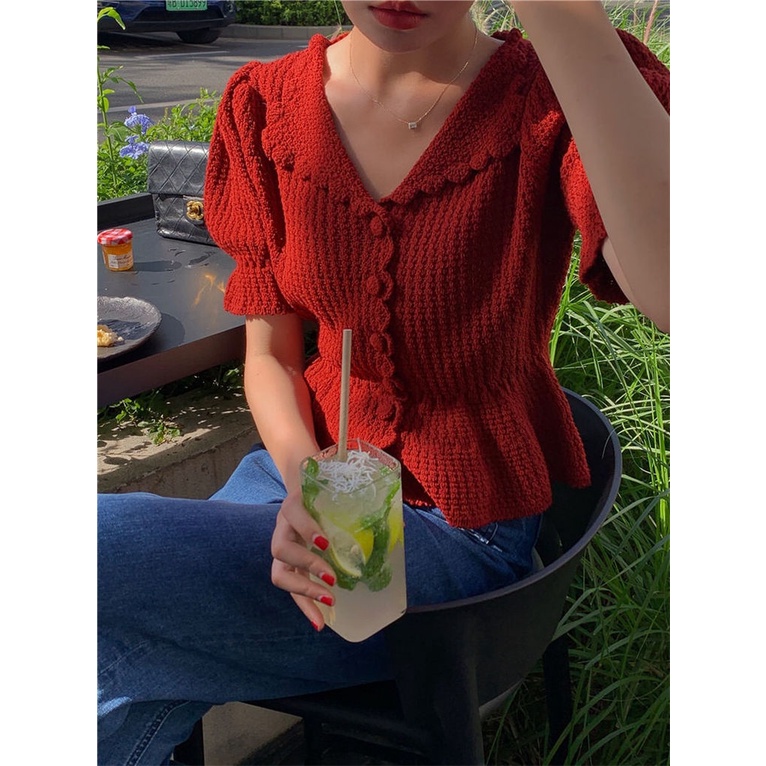 Áo Dệt Kim Tay Ngắn Phồng Phong Cách Hàn Quốc Thời Trang Cho Nữ