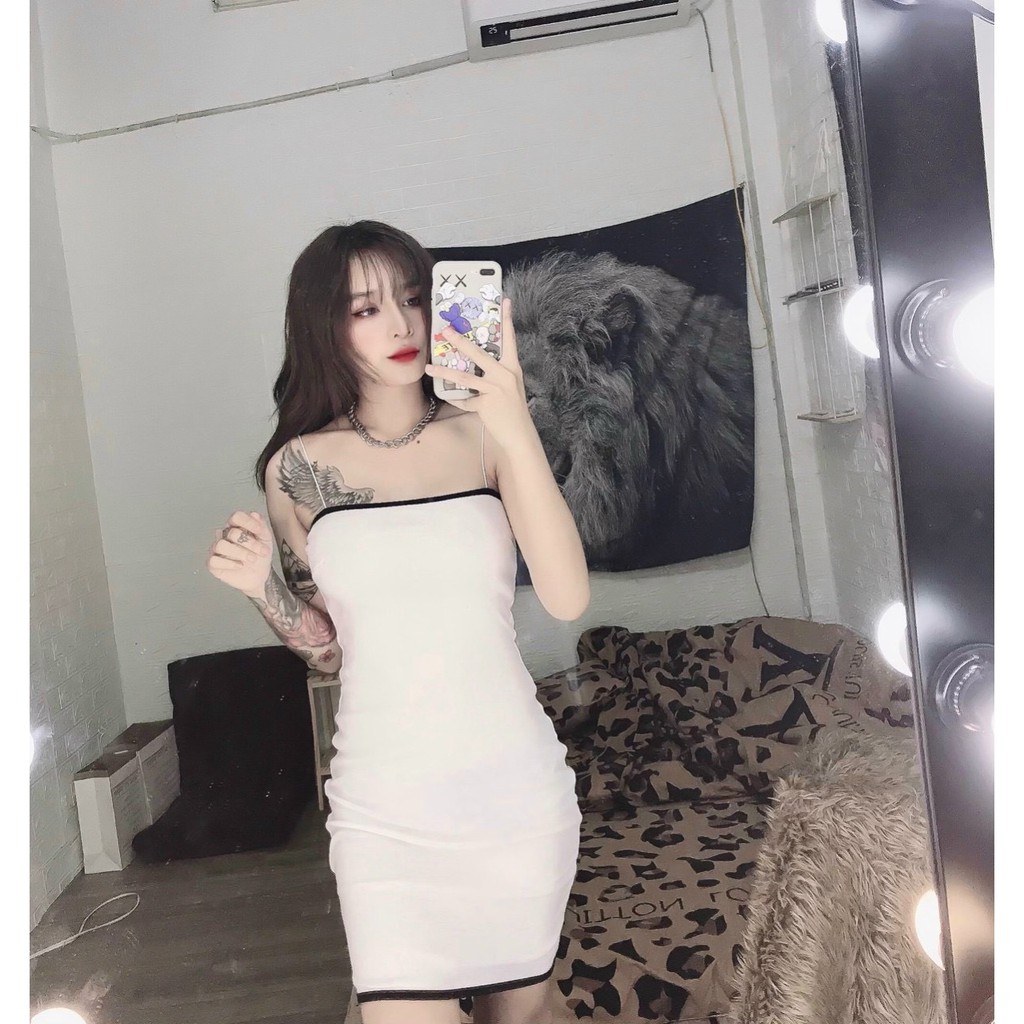 Đầm hai dây om body viền ngực màu cực xinh , chất thun bozip mềm mịn ( ảnh thật )