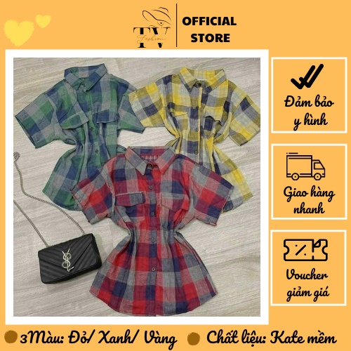 🌾Áo Sơ Mi Caro Vàng/ Xanh/ Đỏ Tay Ngắn Kate Mềm Mịn - Mã: 127 TV-Fashion