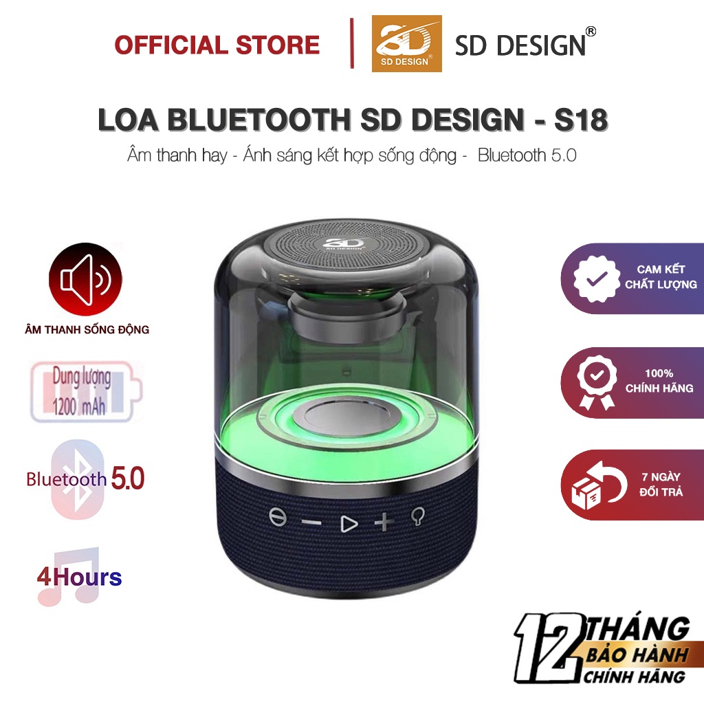 Loa Bluetooth Không Dây 8W Mini S18 Chính Hãng SD Design Nghe Nhạc Hay Đèn Led Sống Động Hỗ Trợ Cắm Thẻ Nhớ Và Usb