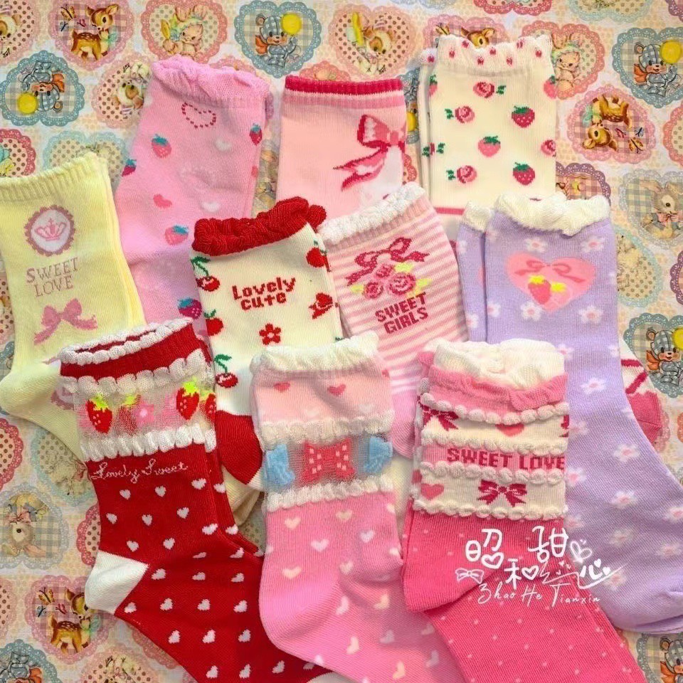 TL124 Tất vớ nữ cổ cao LOLITA tông hồng đỏ tím siêu xinh bánh bèo dễ thương