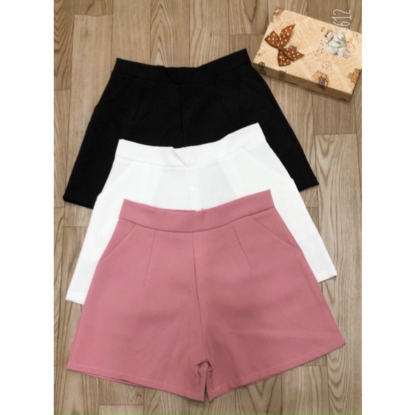 Quần sooc nữ lưng cao vải tuyết mưa dày dặn,  mẫu mới ống rộng  phom chuẩn, có khóa kéo phía sau