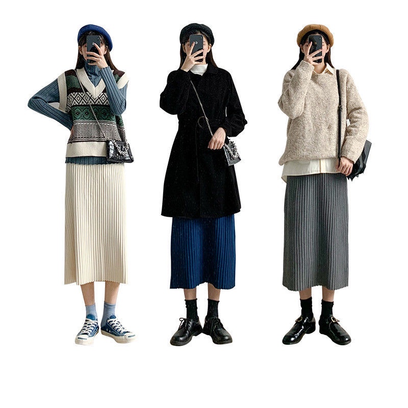 Chân váy len chữ A lưng cao đàn hồi thời trang mùa đông dành cho nữ