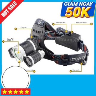 Đèn Pin Đội Đầu 3 Bóng Led T6- Siêu Sáng, Kèm 2 Pin, Kèm Sạc