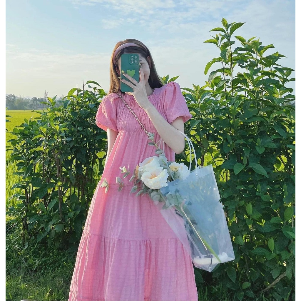 Đầm babydoll tầng dáng xòe tay bồng - Váy maxi chất đũi xốp nhún ngực ulzzang