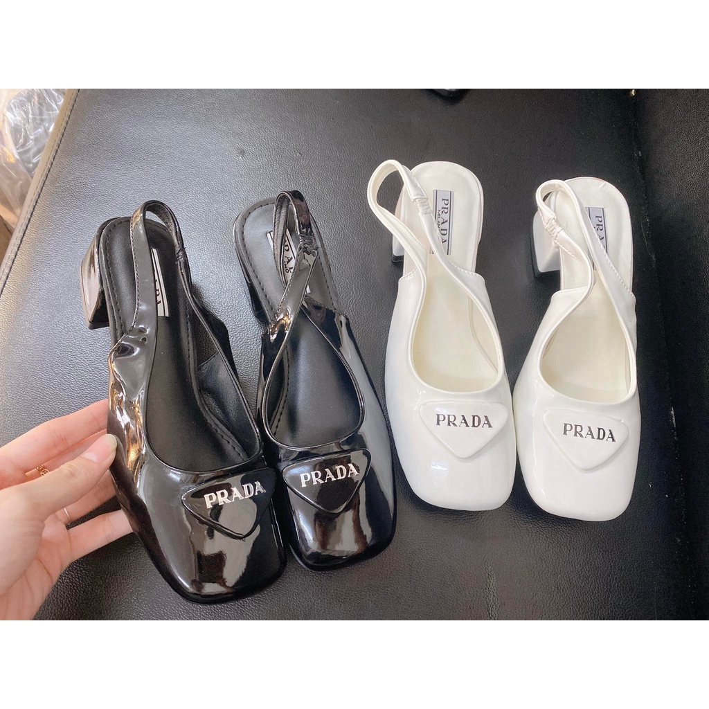 Sandal cao gót prada da bóng gót vuông 4cm