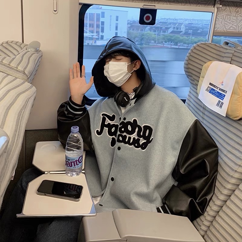 Áo khoác bomber varsity nam nữ thân dạ tay da chữ thêu siêu đẹp