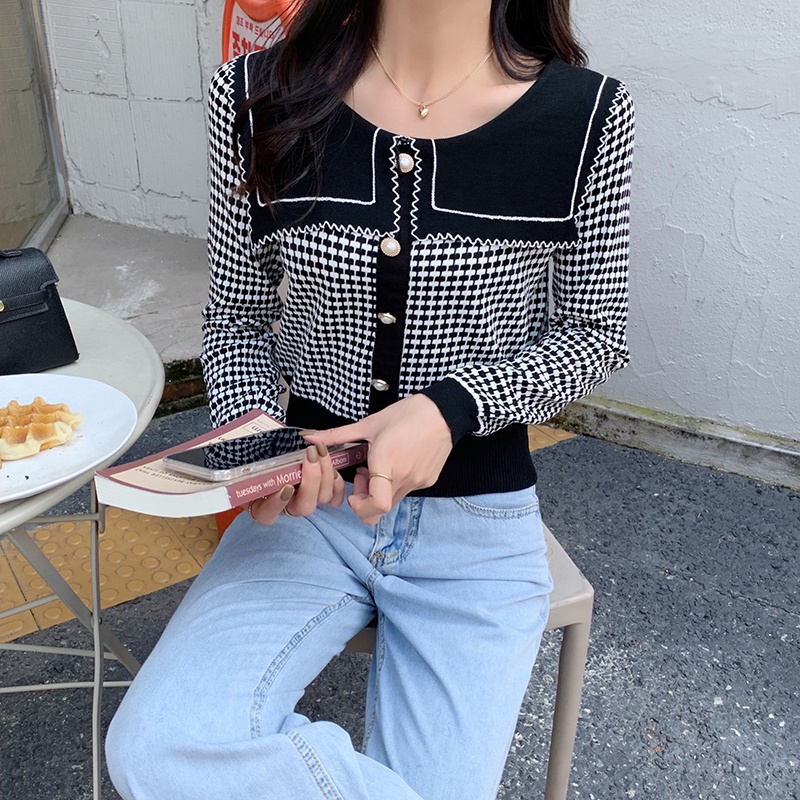 Áo dệt kim tay dài dáng rộng kẻ sọc caro hàng nút mới cho nữ