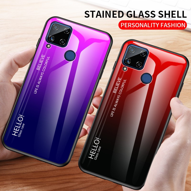 Ốp điện thoại Realme C15 Màu Gradient Kính cường lực Mặt sau cứng Realme C15 C 15 Vỏ RealmeC15