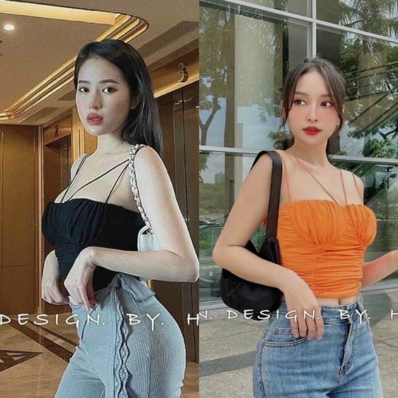 CÓ MÚT NGỰC Áo 2 dây bún nhún croptop có mút ngực