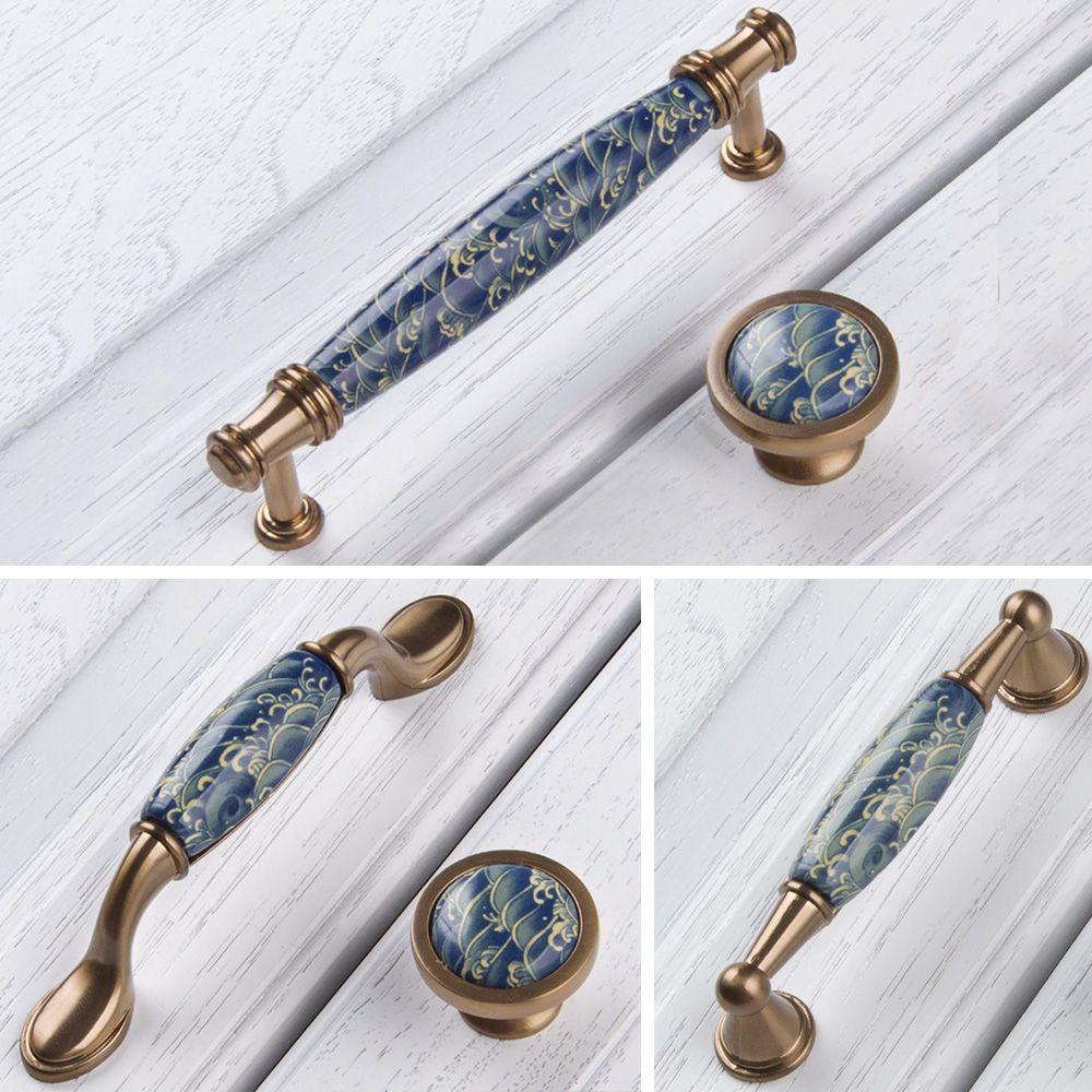 Tay Nắm Cửa Bằng Gốm Sứ Họa Tiết Lá Cây Màu Xanh Dương