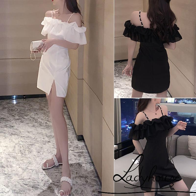 Ldd-đầm Tay Ngắn Trễ Vai Màu Trơn Đính Ngọc Trai Giả Một Mảnh Mùa Hè