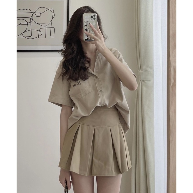 ÁO SƠMI THÊU TÚI TAY NGẮN thiết kế form basic form rộng oversize chất vải thô mềm style cá tính ullzang hàn quốc