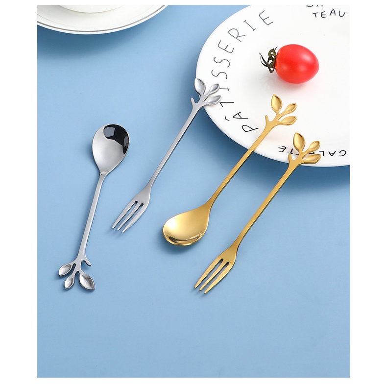 Bộ Muỗng Nĩa Ăn Tráng Miệng Hình Chiếc Lá Bằng Thép Không Gỉ Dễ Thương Xinh Xắn