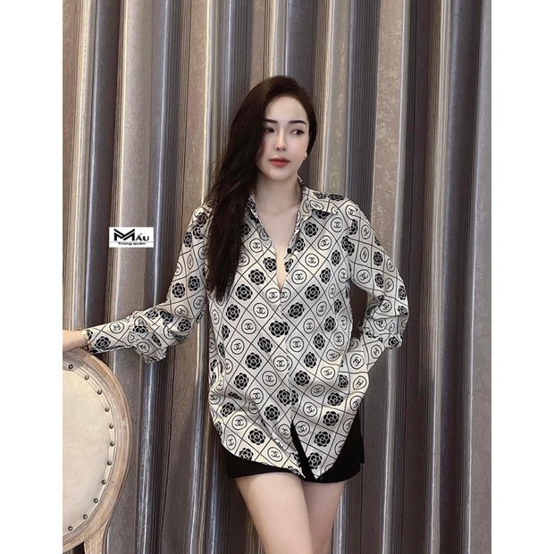 Áo sơmi lụa hoạ tiết chaneo