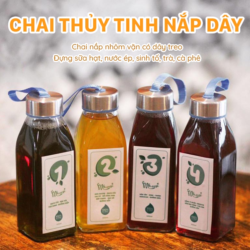 Chai thủy tinh nắp có dây 350ml, 500ml (Chai trơn, không in hình) - Đựng sữa hạt, sinh tố, nước ép, trà sữa
