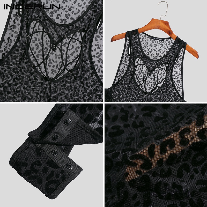 Bộ áo liền quần INCERUN thiết kế không tay xuyên thấu họa tiết da báo quyến rũ cho nam