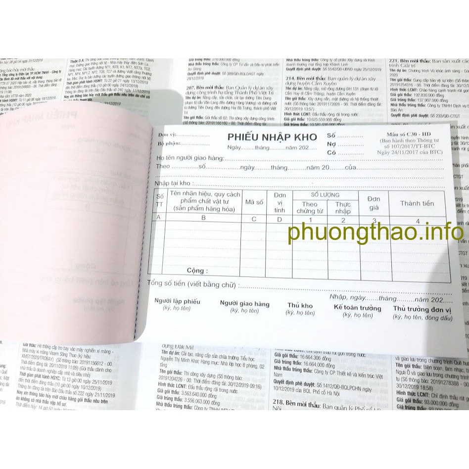 Phiếu xuất kho, phiếu nhập kho/ giấy carbon - Loại dày (1 liên, 2 liên, 3 liên/ A4/ A5 ).