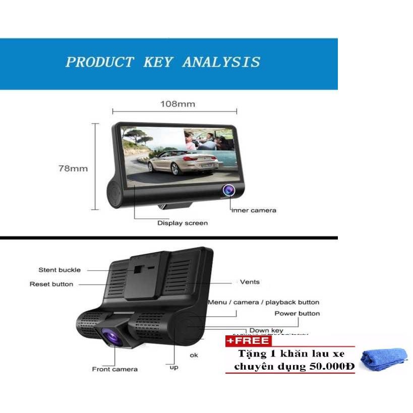 Camera hành trình ô tô, gồm 3 camera trước, sau và camera lùi, màn hình 4" ĐẲNG CẤP XE HƠI TẶNG KHĂN LAU XE CAO CẤP | BigBuy360 - bigbuy360.vn