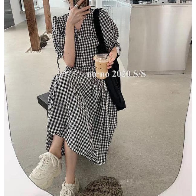 Bomi Dress - Đầm babydoll caro nút