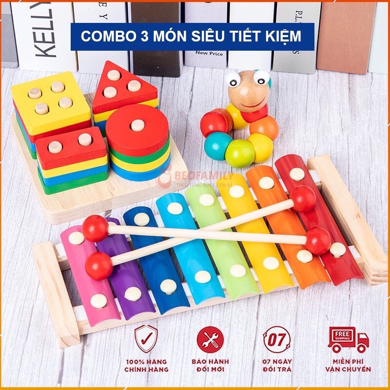 [Mẹ tiết kiệm - Bé thông minh] Combo 3 loại đồ chơi gỗ, sâu gỗ, đàn gõ Xylophone 8 thanh, xếp hình thả khối cho bé