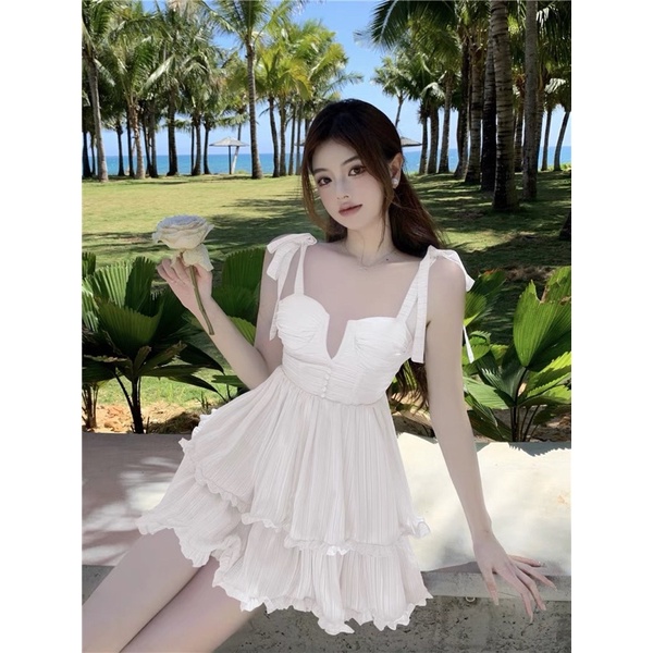 Đầm 2 dây cột nơ vai 2 tầng nhún bèo 3 màu