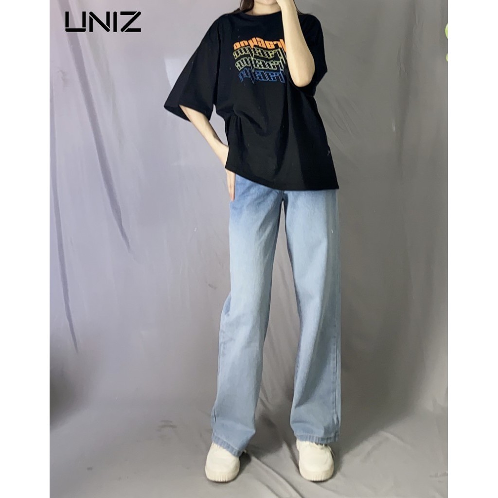 Quần Jean Nữ Loang Mãu UNIZ Q9018 (Màu Xanh), Unisex, Dáng Dai, Cạp Cao, Ống Suông, Rộng, Vải Jean Mềm, Không Bai Màu