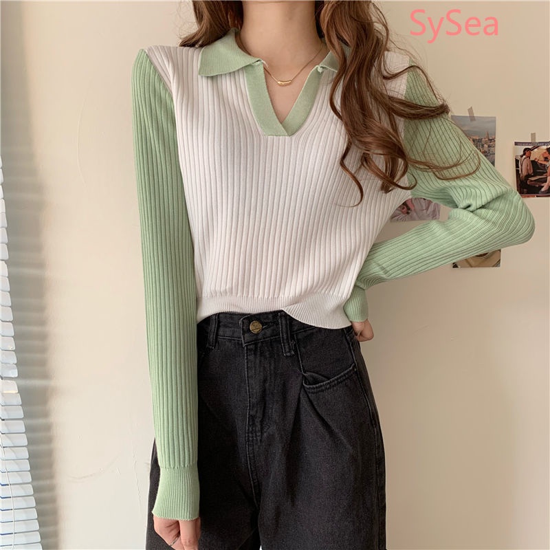 Áo sweater dài tay màu tương phản phong cách mùa thu Hàn Quốc cho nữ