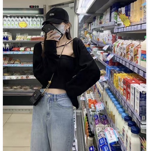 SA002 - Bộ áo khoác cardigan mỏng, tay bo phồng và áo hai dây croptop ôm body sexy phong cách bánh bèo tiểu thư cute