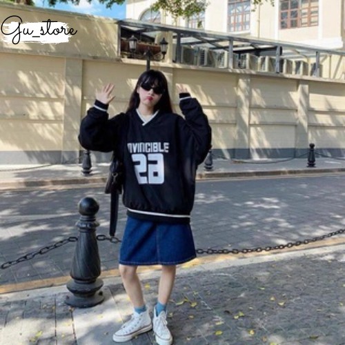 Ảnh thật Ở Cuối Áo Sweater Nam Nữ Form Rộng Nỉ 65 Cổ V Dài Tay Áo Thun Nam Nữ Nỉ Ngoại In Chữ Dáng Rộng 2 Màu GuStore540