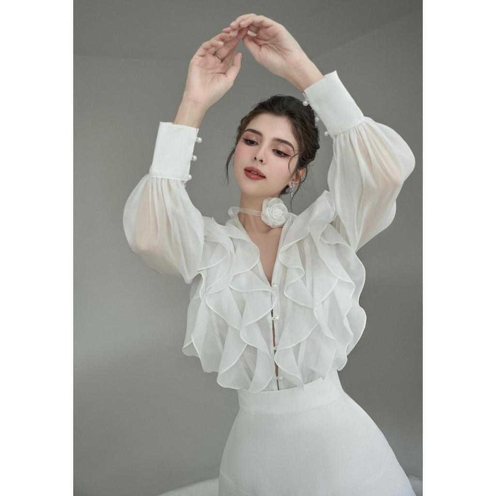 Áo voan tơ bigsize tay dài phối bèo lả lơi  HN0523