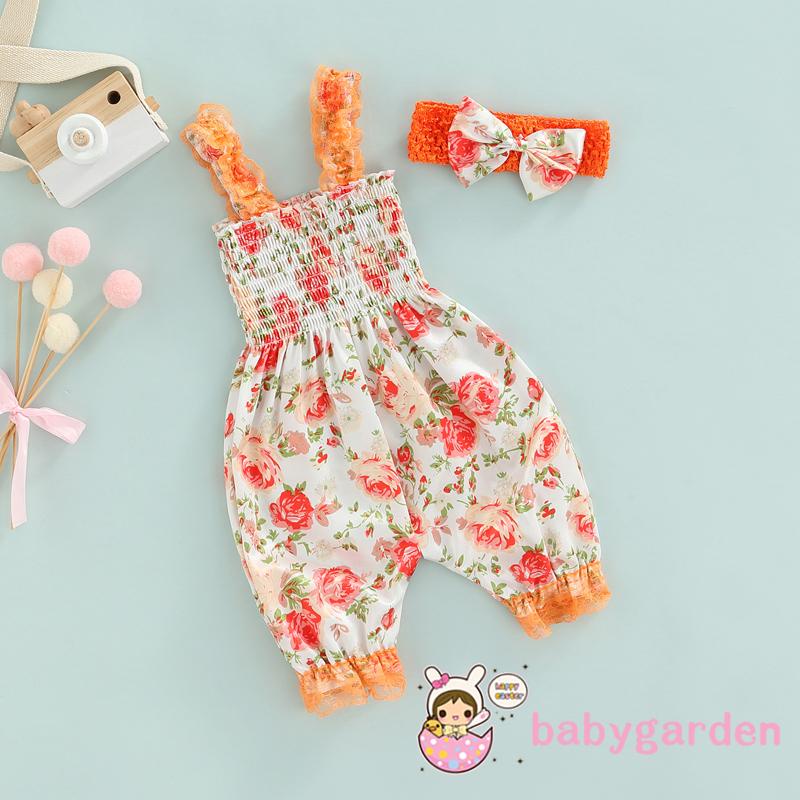 Bộ Áo Liền Quần Hai Dây Phối Ren Hoa Cho Bé Gái 0-18 Tháng Tuổi