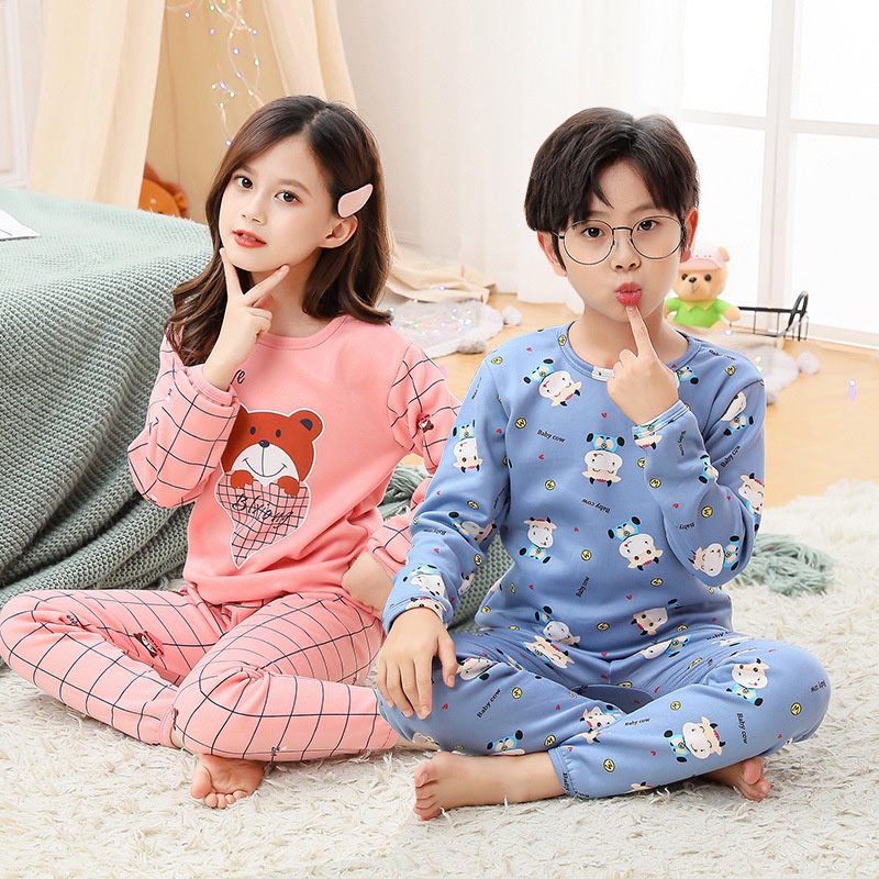 Đồ ngủ tay dài lót nhung sưởi ấm phong cách thu đông Hàn cho trẻ 100-170cm