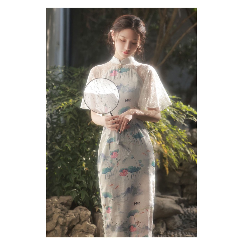 Đầm Sườn Xám Tay Ngắn Phối Ren Hoa Phong Cách Vintage Cho Nữ