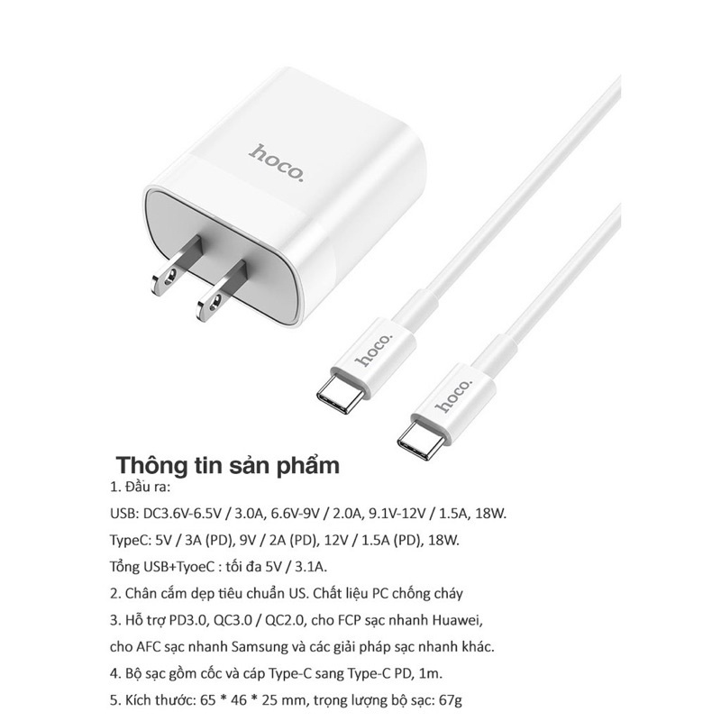Sạc nhanh samsung Hoco C80 20W có 2 cổng sạc, dây TypeC to TypeC dành cho Android: Samsung, Oppo, Huawei.. Bh 1 năm