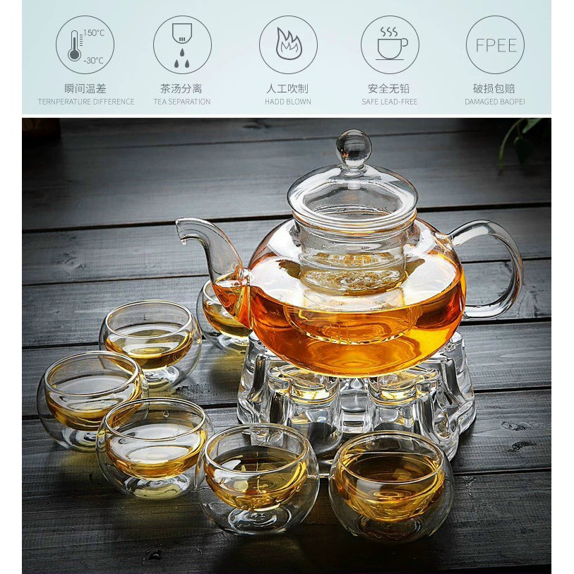 BỘ ẤM CHÉN THỦY TINH ,Bộ bình trà bếp nến 6 cốc thủy tinh 2 lớp kèm lõi lọc chịu nhiệt  A05