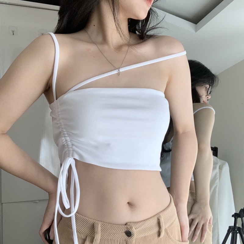 Áo Ống 2 Dây Trắng Không Đệm, Áo Quây Ngực Chất Thun Tăm Borip 2 Lớp Cá Tính Rút Dây Cách Điệu IRISVIEL