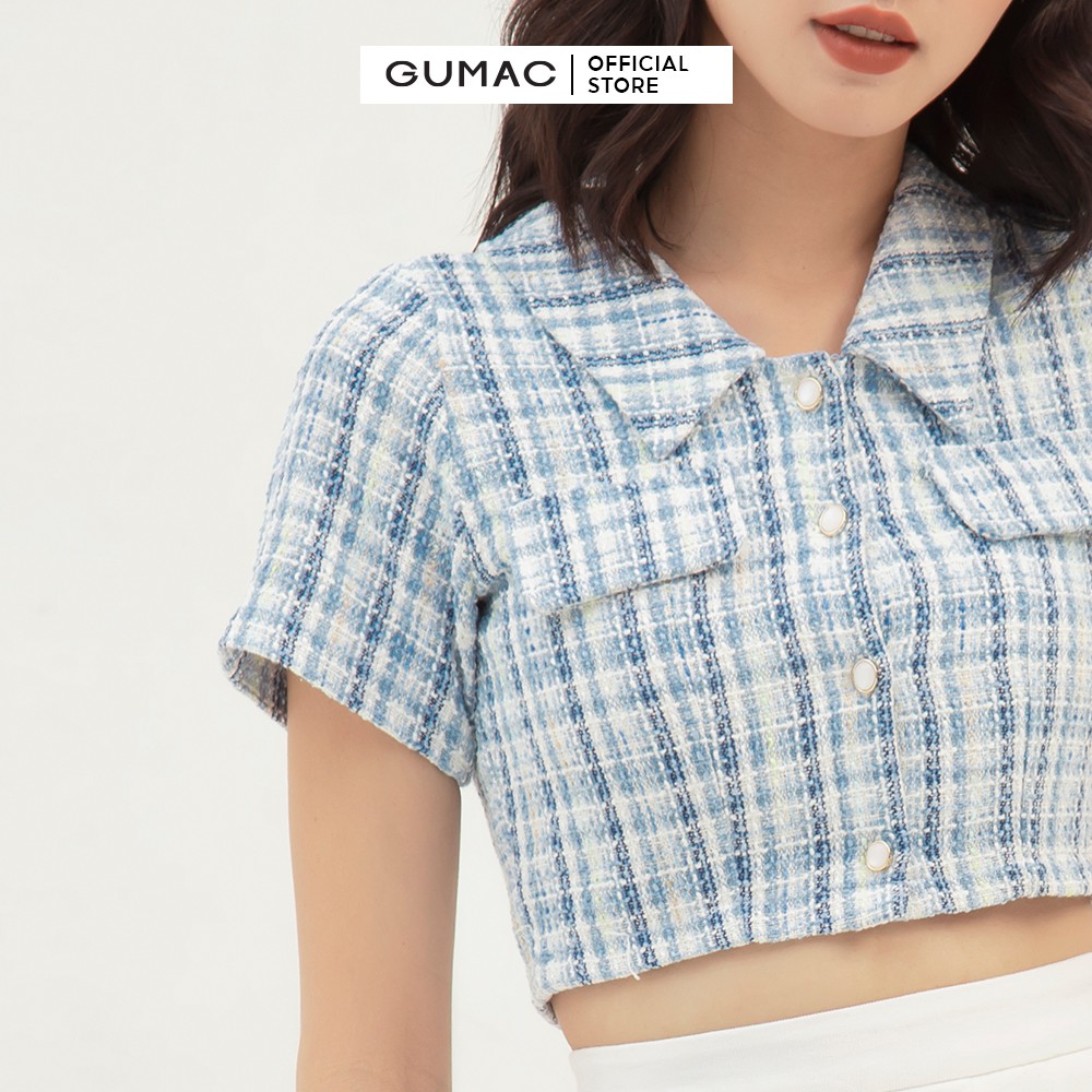 [Mã WABRGUD1 giảm 10% đơn 99K] Áo sơ mi croptop họa tiết caro GUMAC màu xanh, đủ size,, trẻ trung AB334