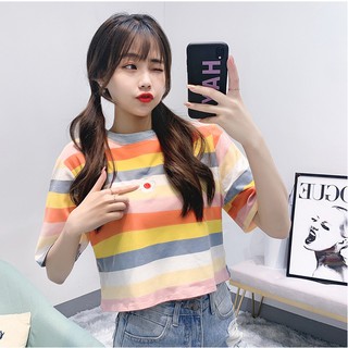 Áo thun croptop ngắn tay sọc CẦU VỒNG HOA CÚC NGỰC