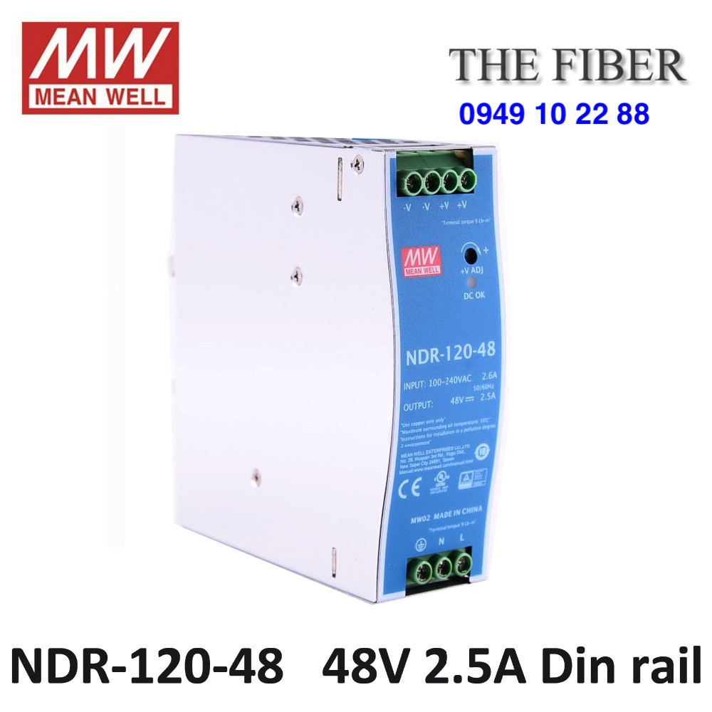 Bộ đổi nguồn điện NDR-120-48 AC220V - DC48V 120W 2.5A gắn thanh RAY - DIN Rail - Chính hãng Meanwell