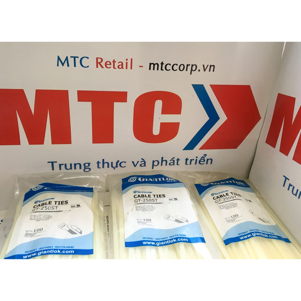 Túi 100 Dây thít, dây rút nhựa màu trắng 250×4.8mm cao cấp GT250STC nhập khẩu Giantlok-Thái Lan