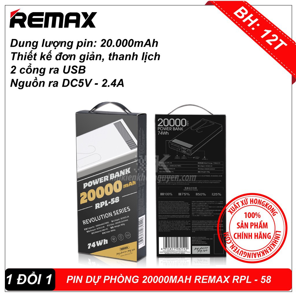 Pin Sạc Dự Phòng Remax RPL- 58 20000MAH- Hàng Phân Phối Chính Thức- Bảo Hành Toàn Quốc