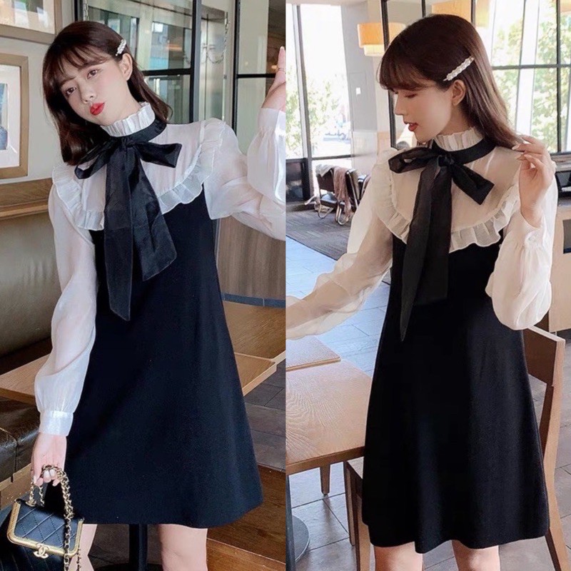 Váy dáng suông phối voan tơ Đầm dáng suông tiểu thư phong cách ulzzang | BigBuy360 - bigbuy360.vn