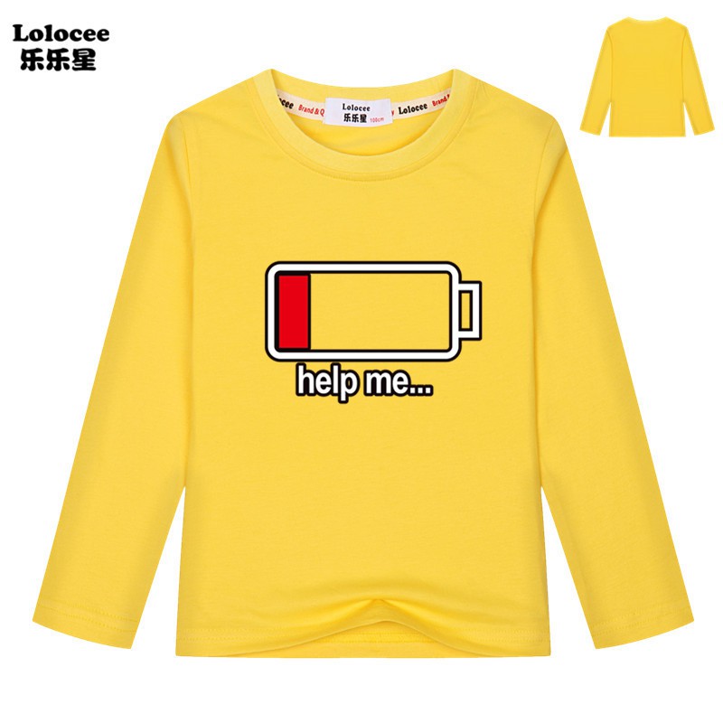 Funny HELP ME Energy Low T Shirts Boys Battery Low Long Sleeve O-neck Tops Basic Tees For Children