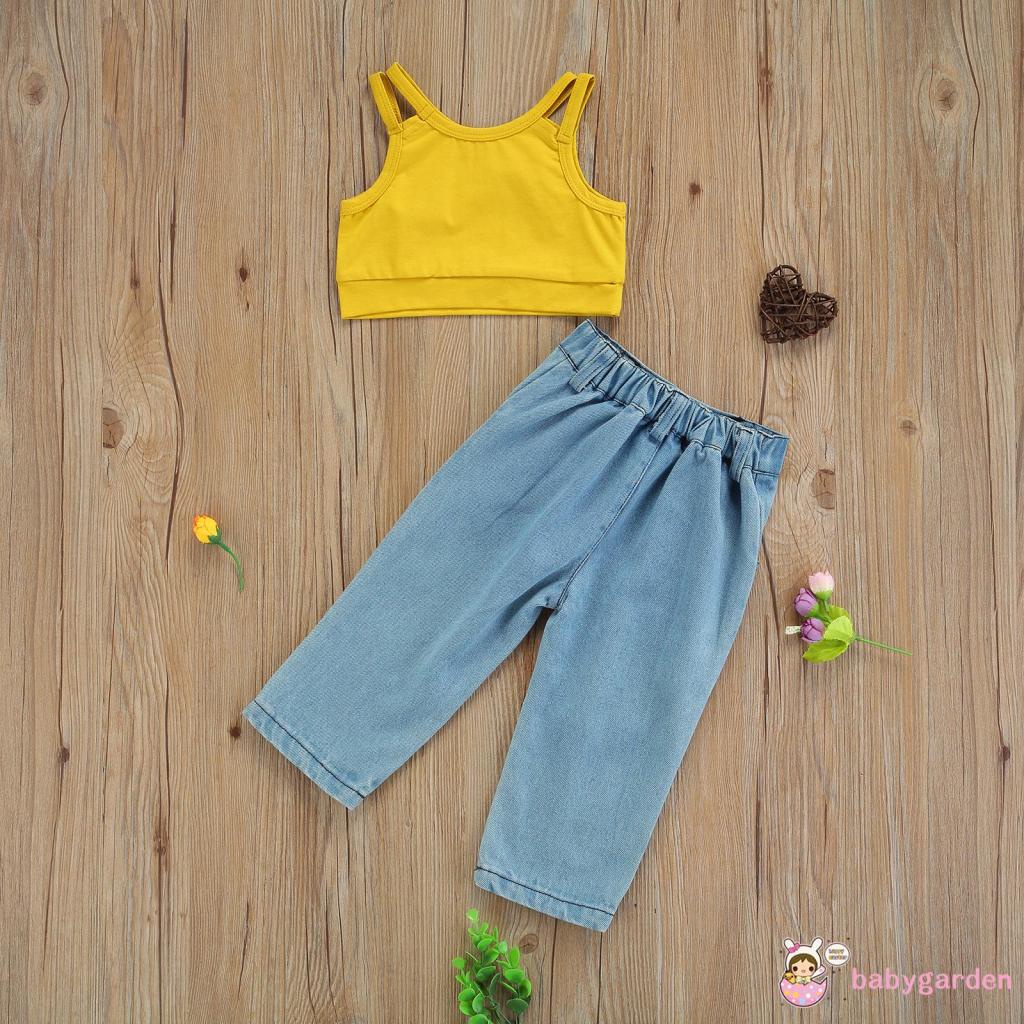Set Áo hai dây + Quần Jeans Lưng Cao Thời Trang Mùa Hè Cho Bé Gái 1-7 Tuổi